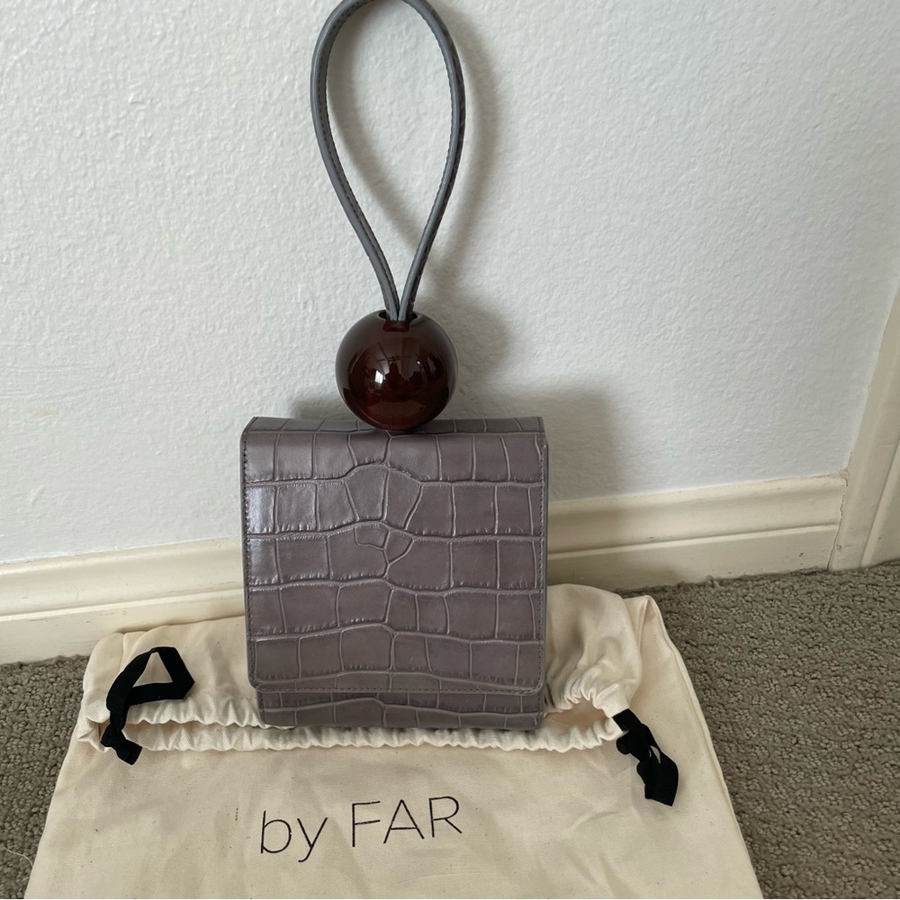 BY FAR CROCO EMBOSSED LEATHER BALL BAG - grey